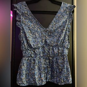 Blue Floral V Neck with Ruffle Sleeves, Flowy Bottom and a Smocked Waist & Back